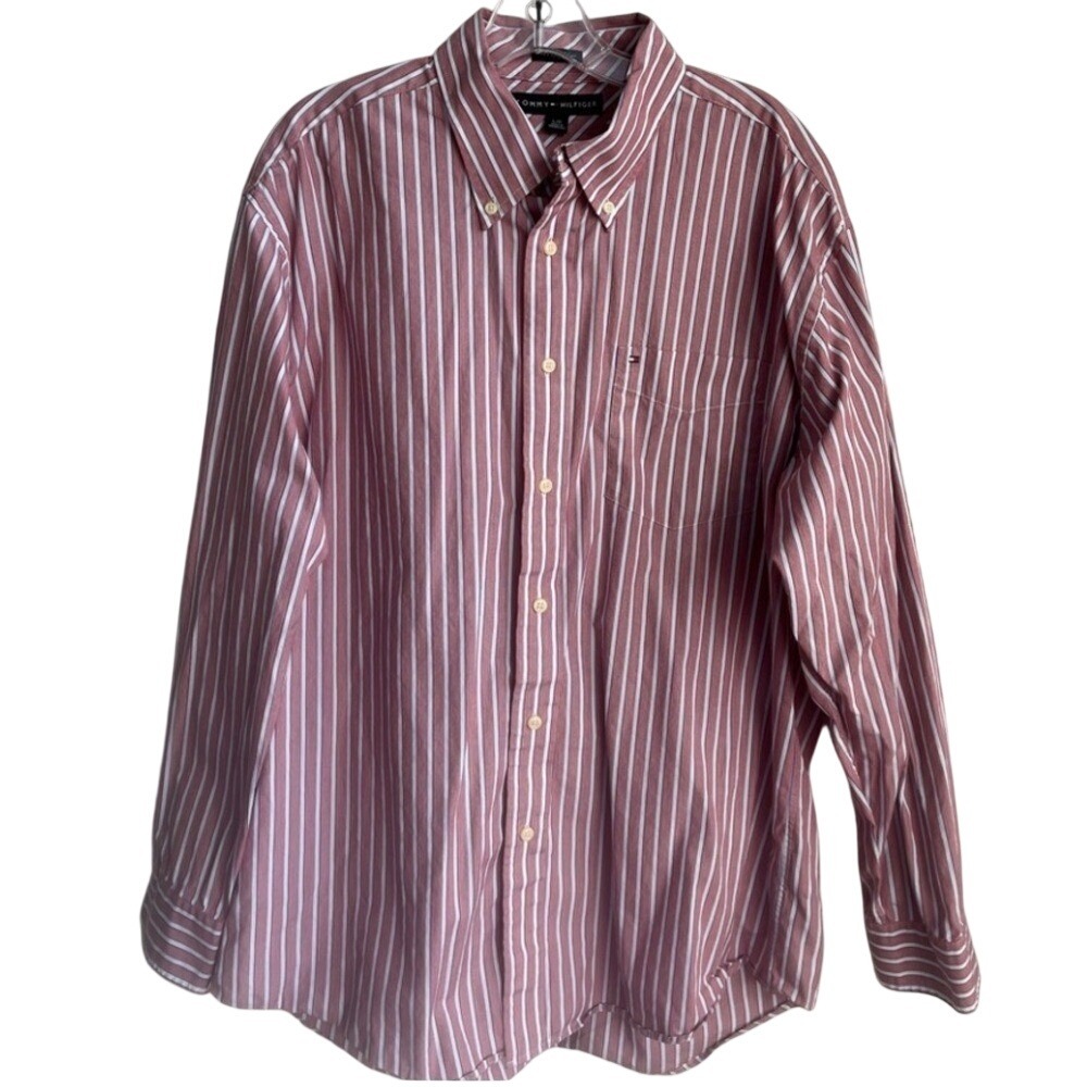 Tommy Hilfiger Shirt Mens Large Red White Striped Button Down Long Sleeve Logo